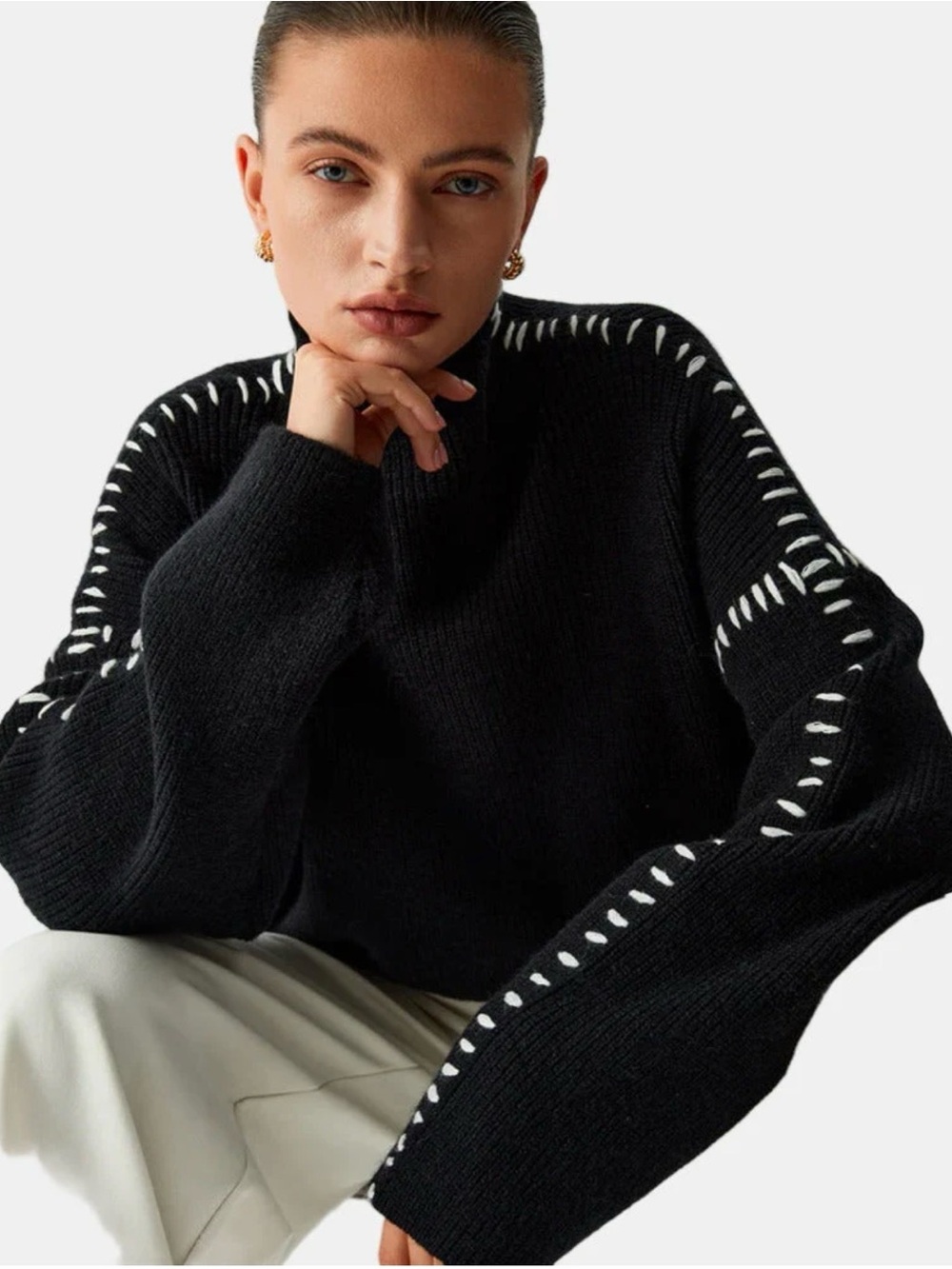 Evereve Haven Whipstitch Sweater Contrast Stitching Mock Neck Effortless Cozy